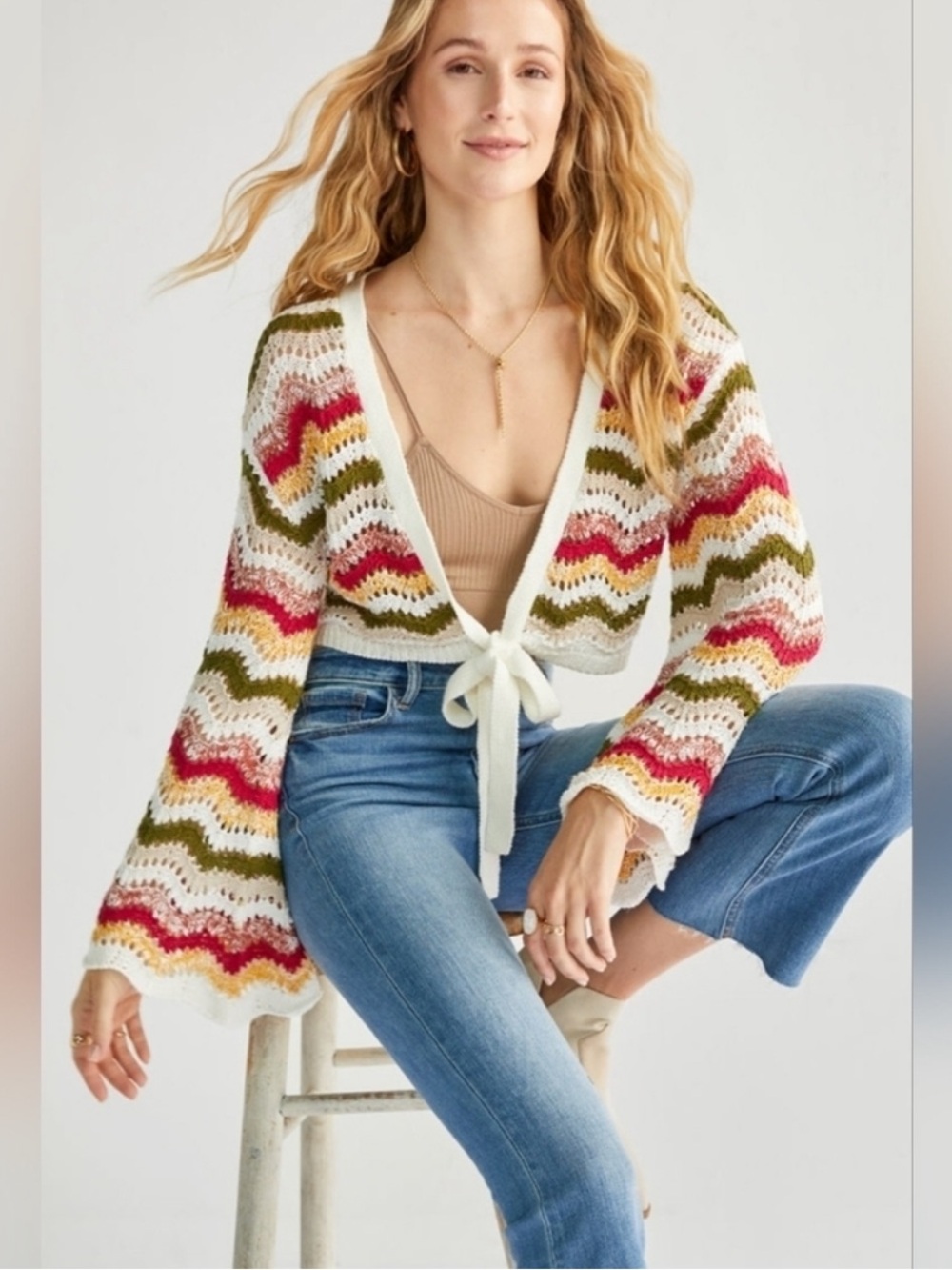 Francesca's Collections Multicolor Chevron Tie-Front Crochet Cardigan